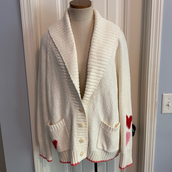 Anthropologie Maeve Cream Cardigan with Pink and Red Hearts Valentines - Picture 3 of 9